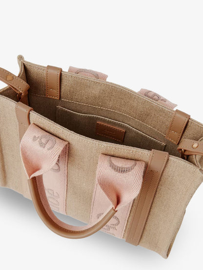 Chloe' Woody linen canvas and leather crossbody bag - Blushy Beige