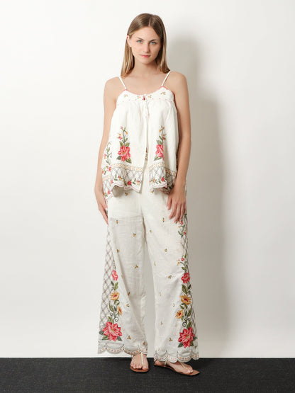 Farm Rio Linen and viscose trousers with embroidery - Offwhite