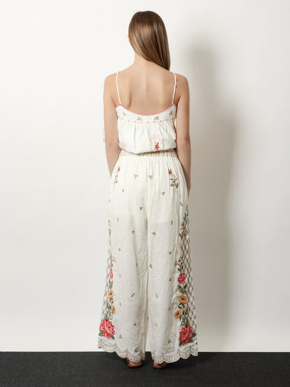 Farm Rio Linen and viscose trousers with embroidery - Offwhite