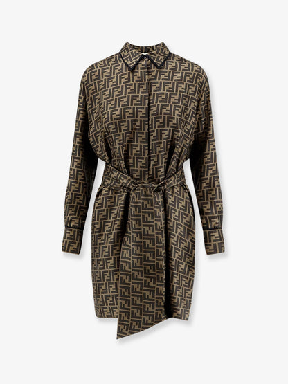 Fendi Silk dress with all-over FF motif - Fango Tabacco