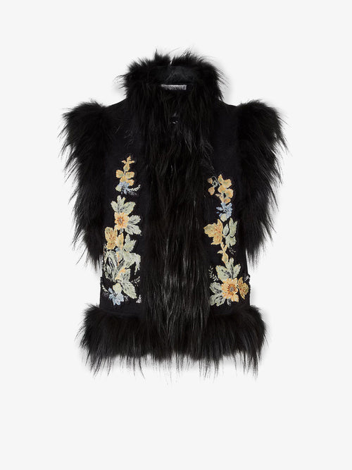 Fendi Wool vest with floral embroidery and fox fur trim - Nero