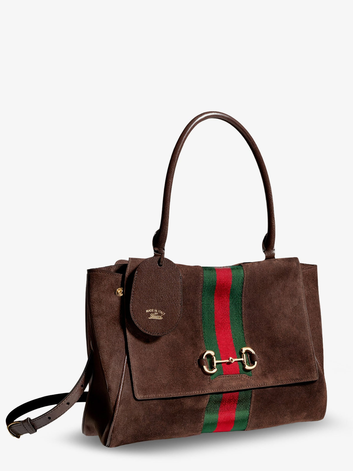 Gucci Paparazzo suede handbag with iconic Web Detail on the front - Brown