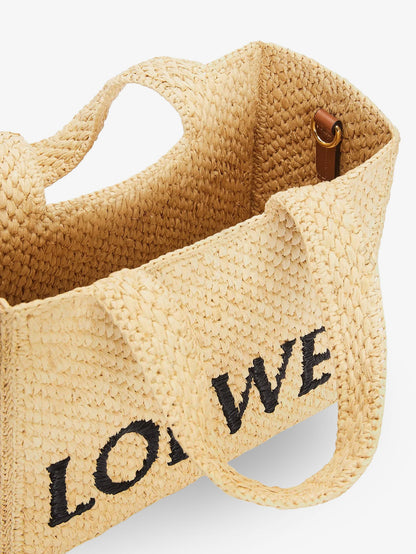 Loewe Paula's Ibiza -Small Loewe Font raffia handbag with embroidered logo on the front - Natural