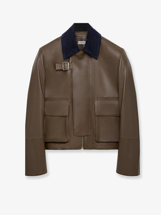 Loewe Lightweight nappa leather short jacket with a corduroy collar - Khaki Green