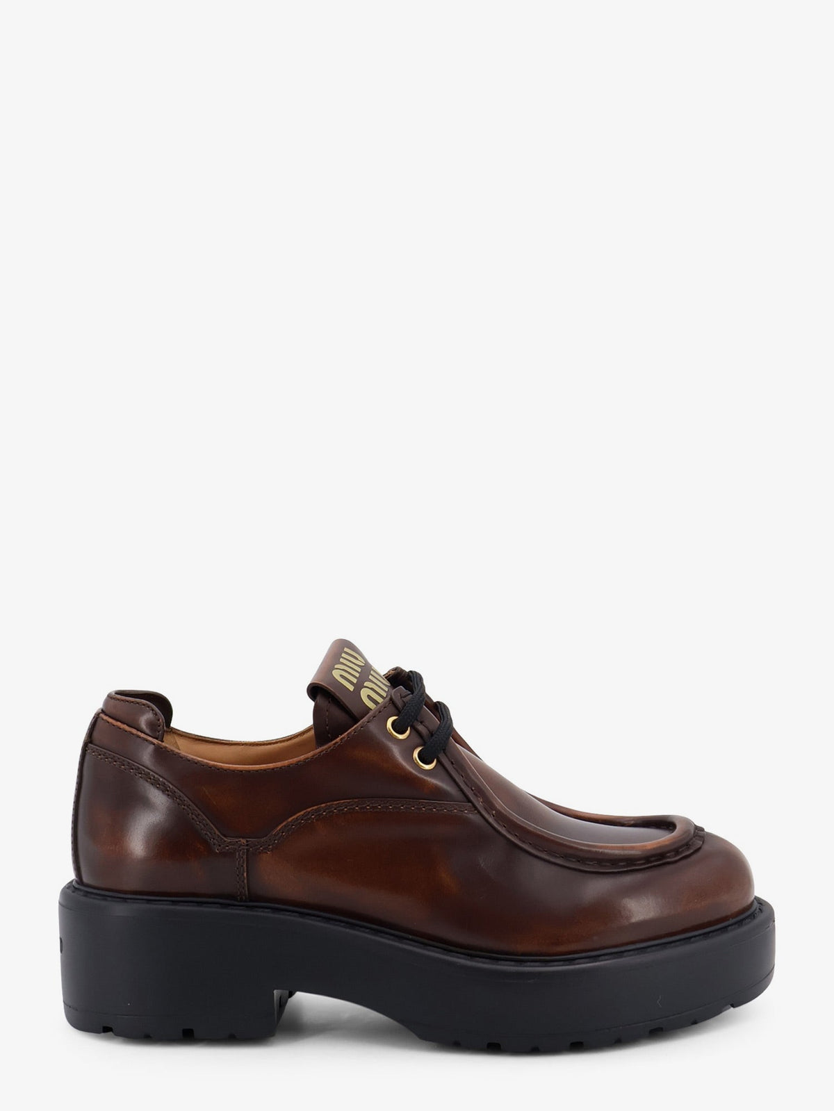 Miu Miu Leather lace-up with front lettering logo - Bruciato