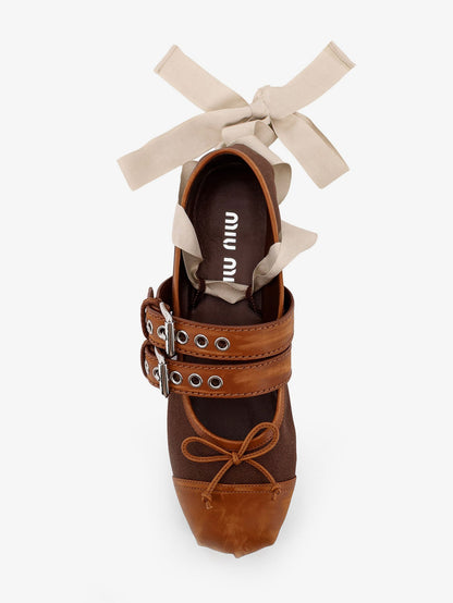 Miu Miu Canvas and leather blend ballerinas - Cacao