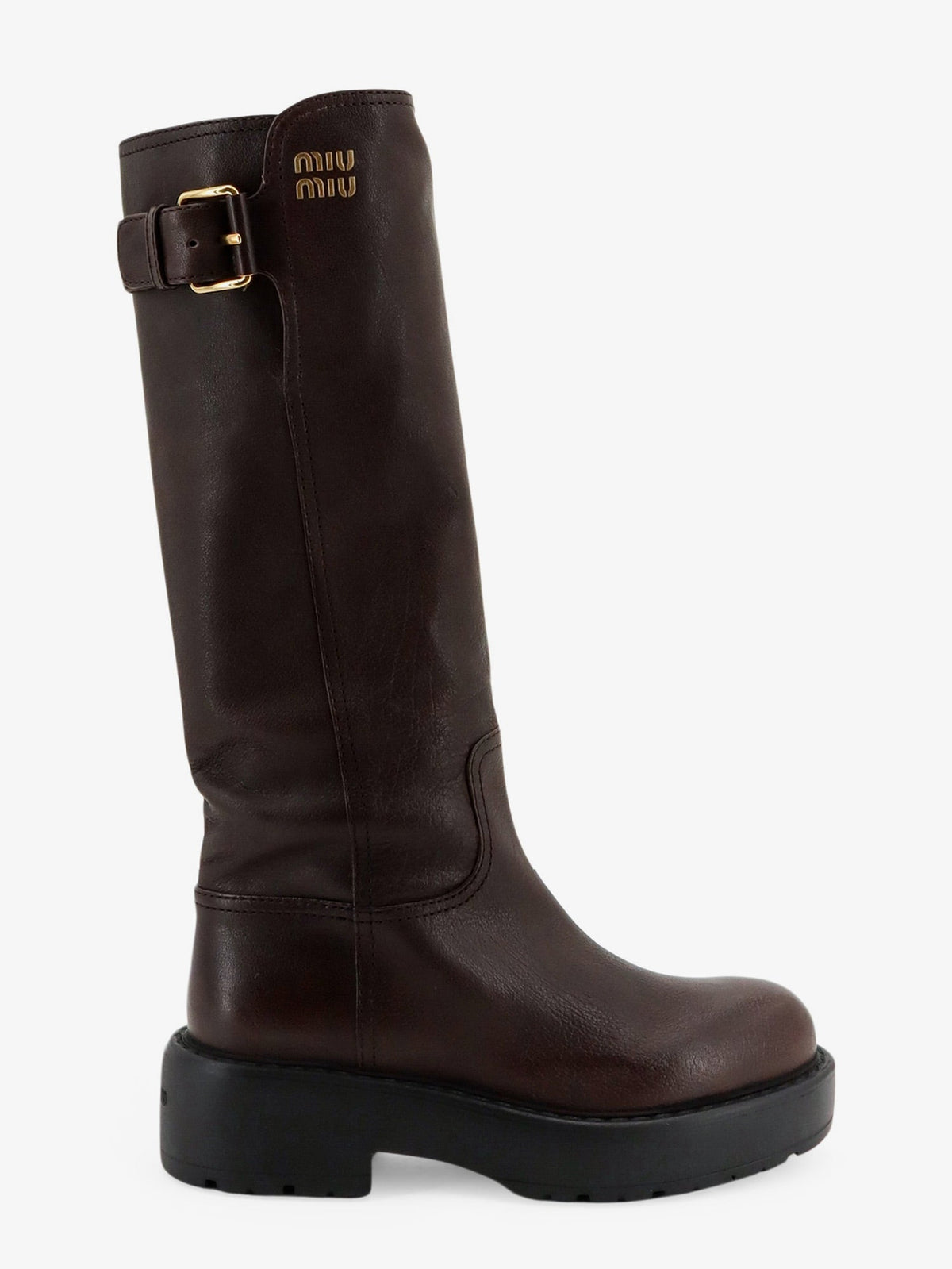 Miu Miu Leather boots with embossed lettering logo - Caffe