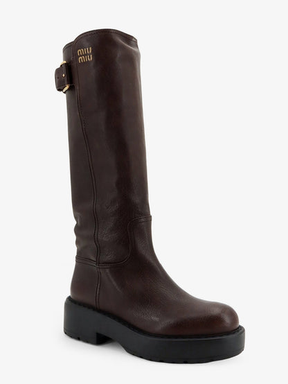 Miu Miu Leather boots with embossed lettering logo - Caffe