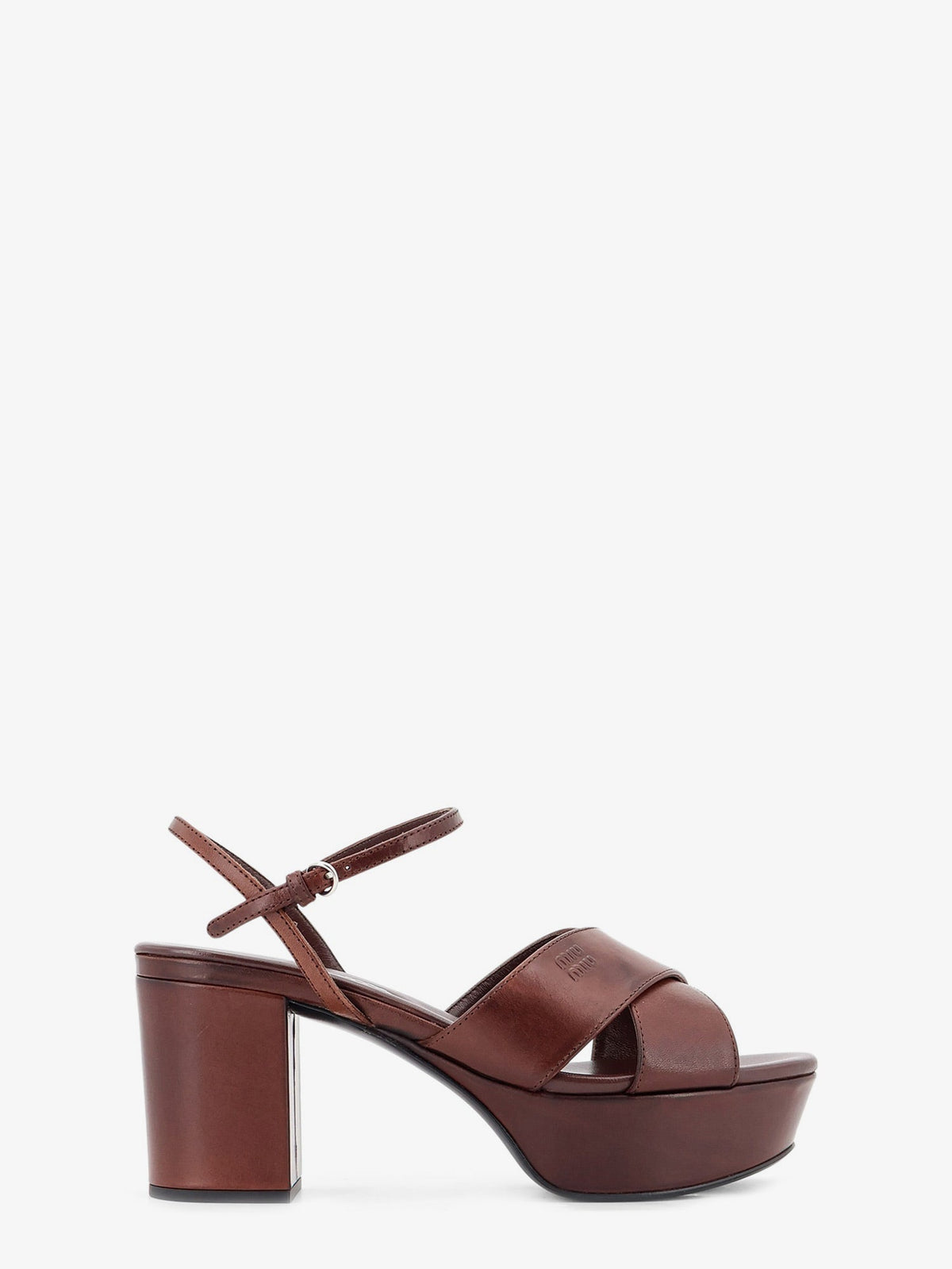 Miu Miu Leather heeled sandals with engraved logo on the side - Caffe