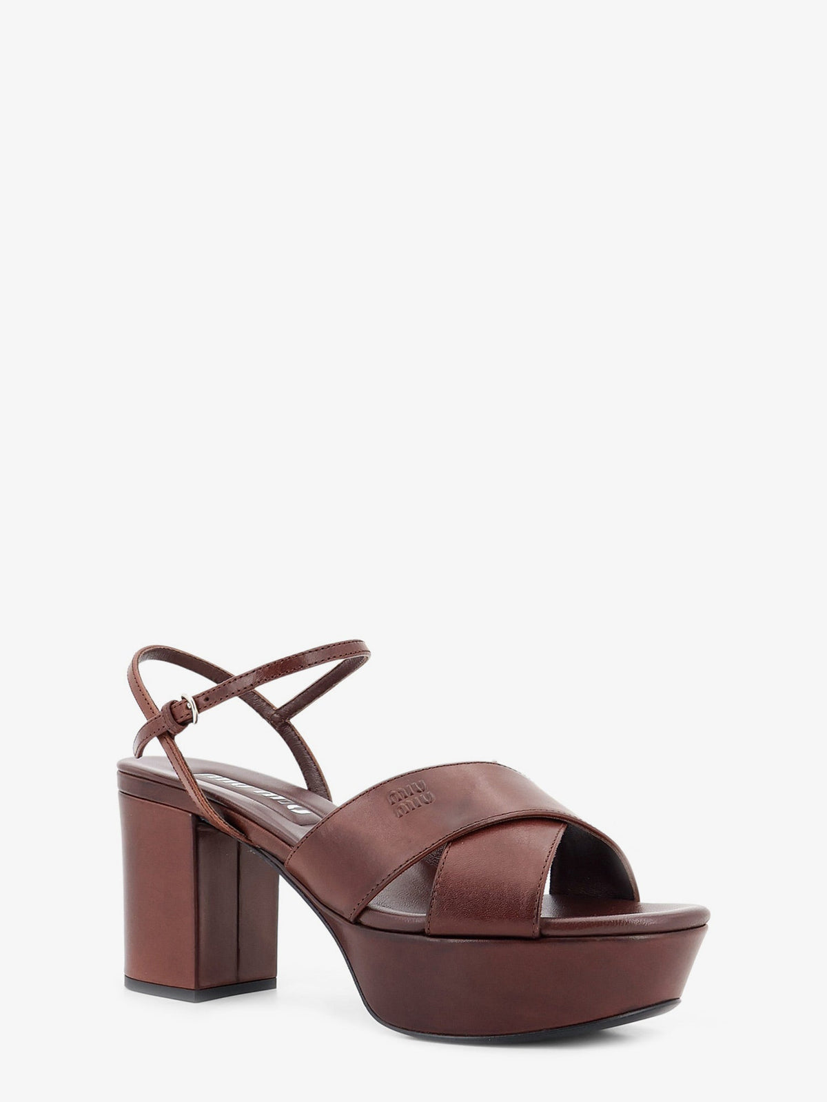 Miu Miu Leather heeled sandals with engraved logo on the side - Caffe