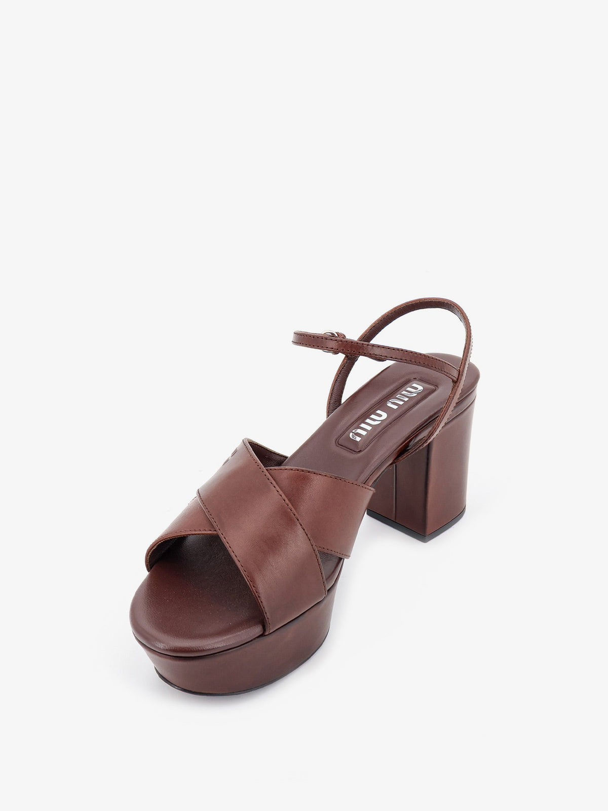 Miu Miu Leather heeled sandals with engraved logo on the side - Caffe