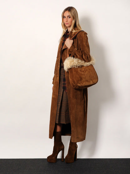 Saint Laurent Suede shoulder bag with shearling profile - Oran Ca Co/Brick/Nat