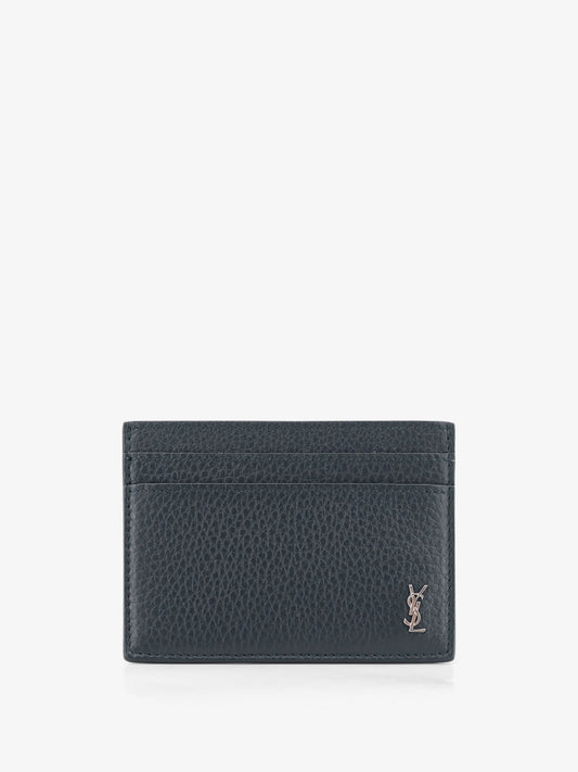 Saint Laurent Tiny Cassandre textured leather card holder - Greenultramarine