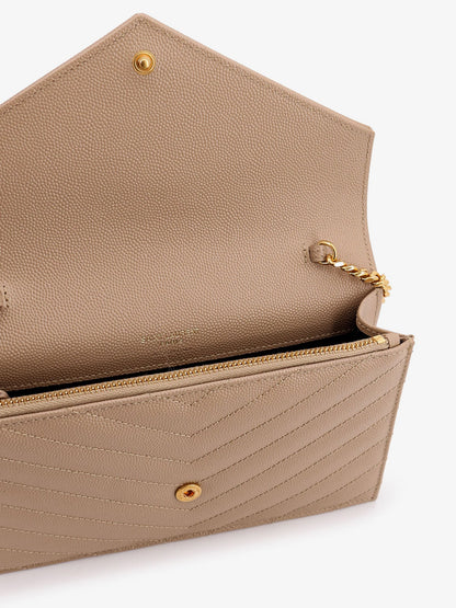 Saint Laurent Leather shoulder bag with metal Cassandre logo - Darkbeige