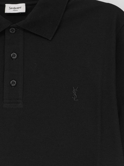 Saint Laurent Piqué cotton polo shirt with Cassandre embroidery - Noir