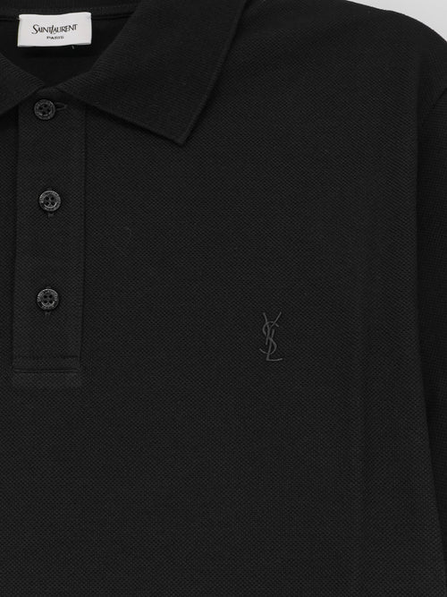 Saint Laurent Piqué cotton polo shirt with Cassandre embroidery - Noir