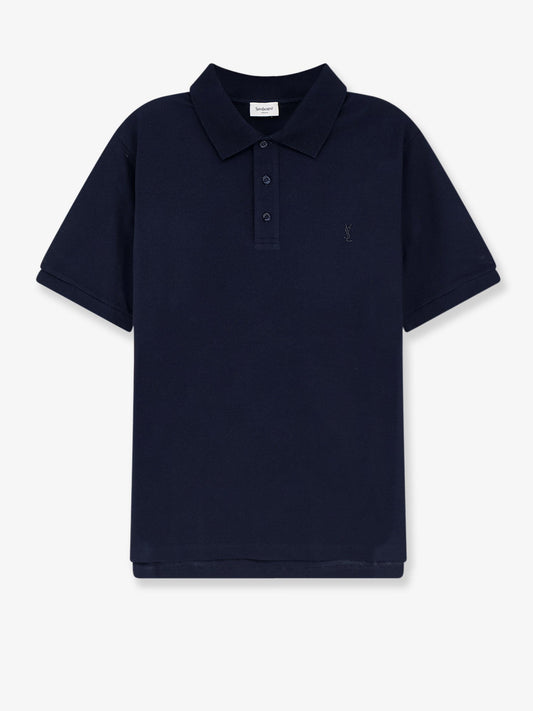 Saint Laurent Piqué cotton polo shirt with Cassandre embroidery - Navy