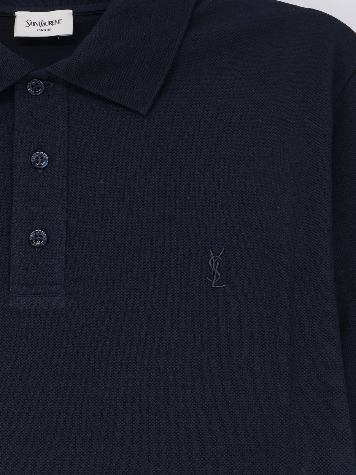 Saint Laurent Piqué cotton polo shirt with Cassandre embroidery - Navy