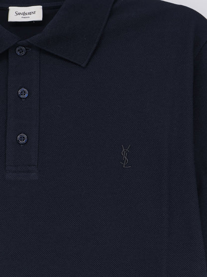 Saint Laurent Piqué cotton polo shirt with Cassandre embroidery - Navy