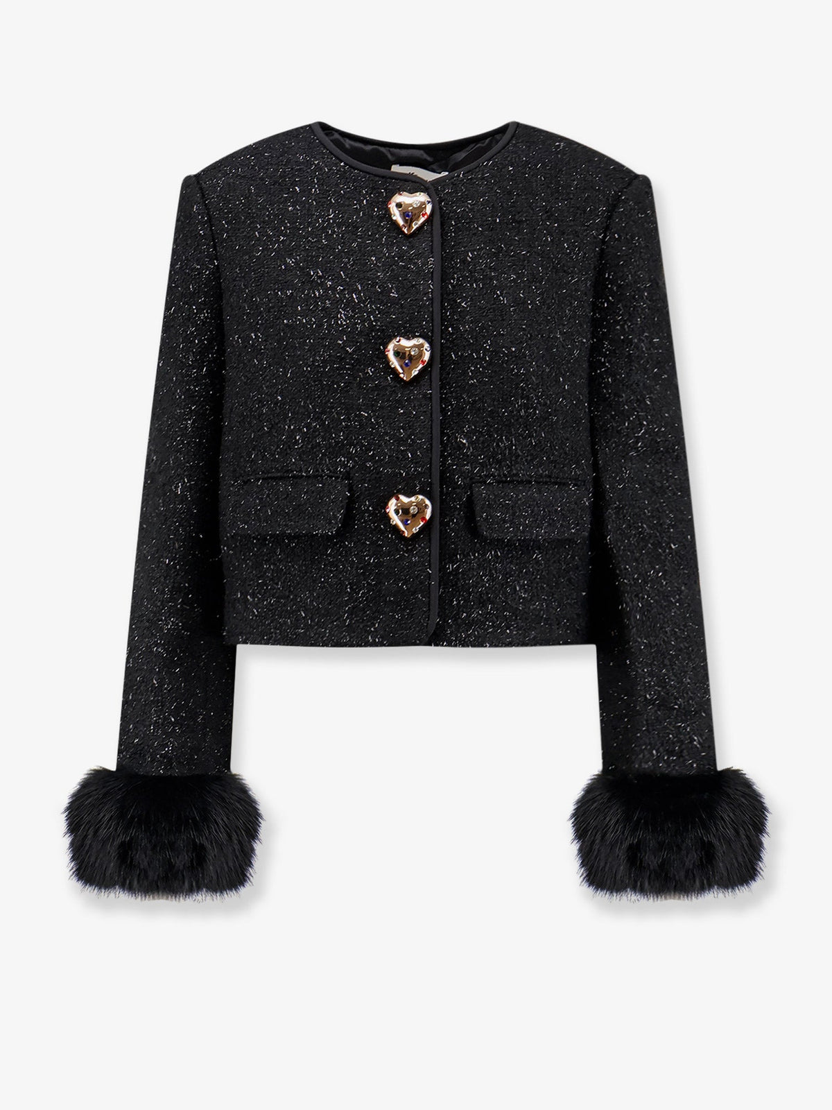 Self Portrait Cropped wool blend blazer with all-over laminated details - Black