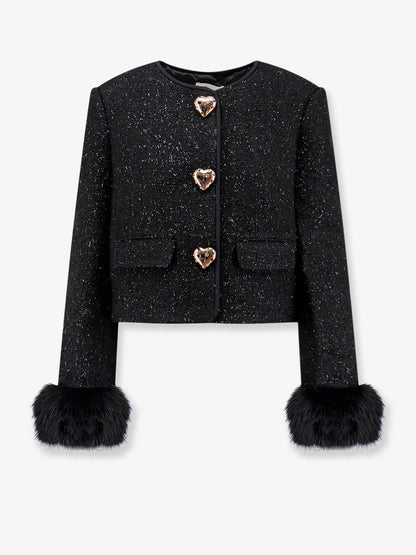 Self Portrait Cropped wool blend blazer with all-over laminated details - Black
