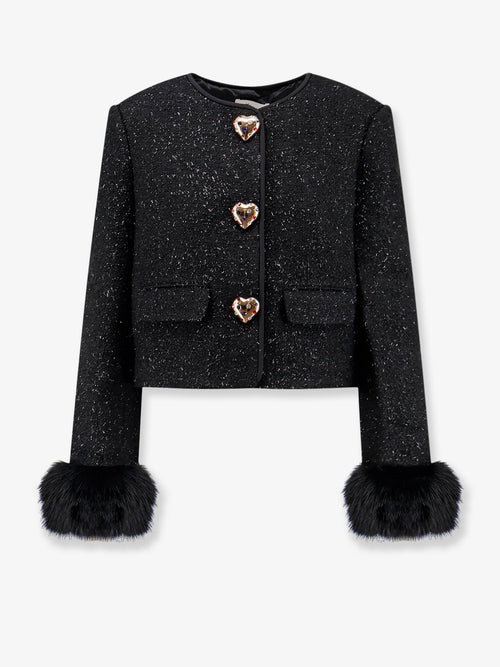 Self Portrait Cropped wool blend blazer with all-over laminated details - Black