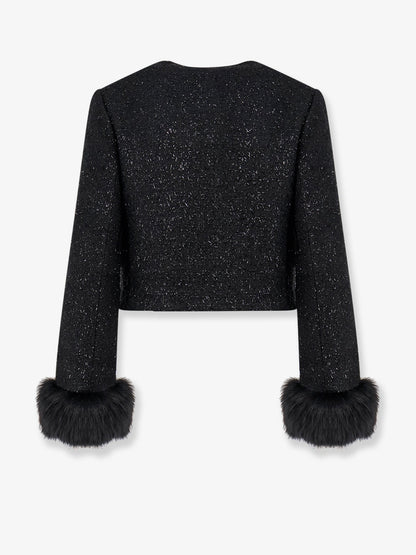 Self Portrait Cropped wool blend blazer with all-over laminated details - Black