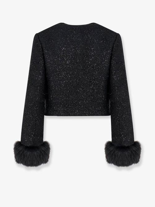 Self Portrait Cropped wool blend blazer with all-over laminated details - Black