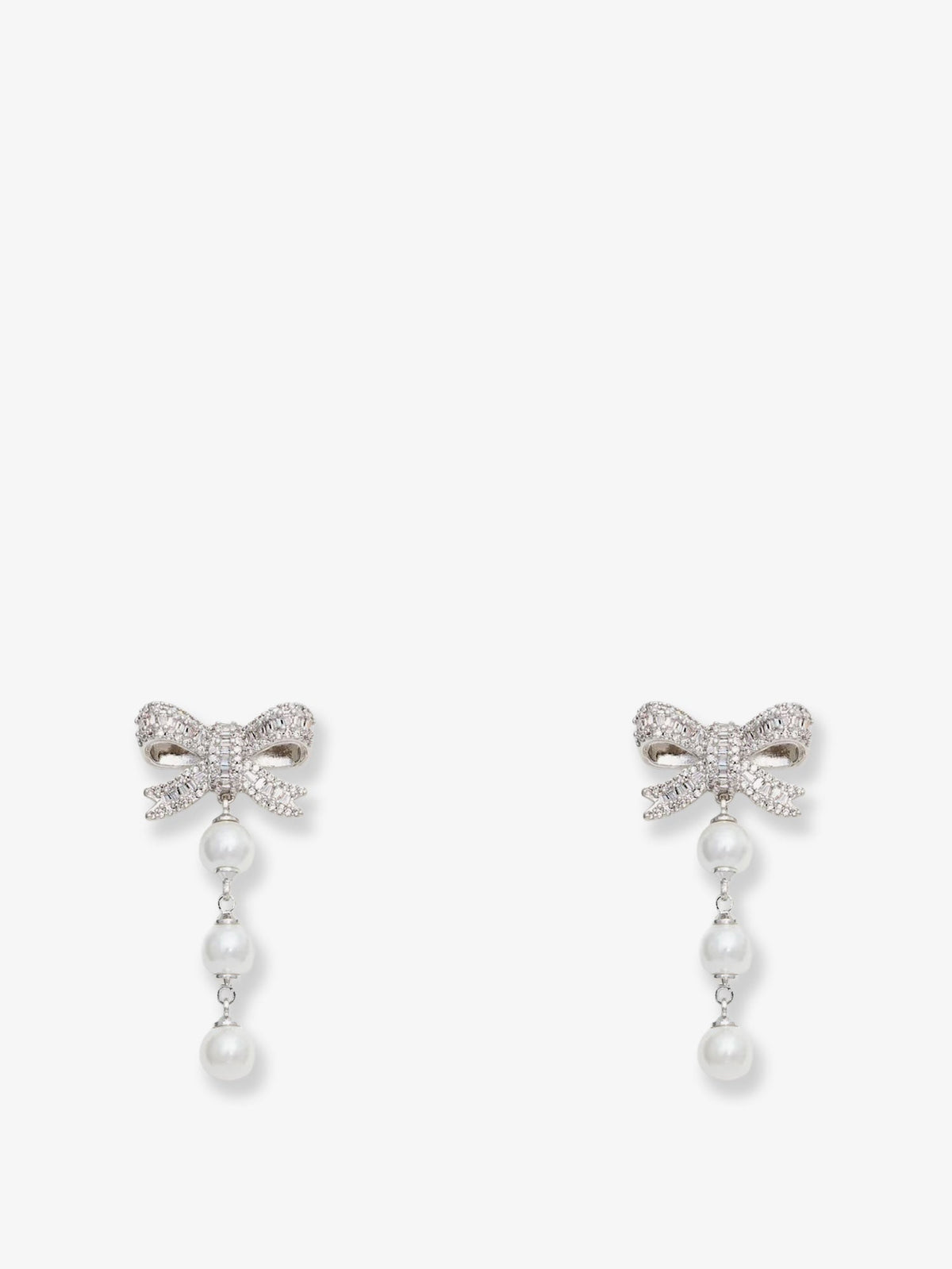 Self Portrait Crystal Bow Pearl Droplet Earrings - Silver