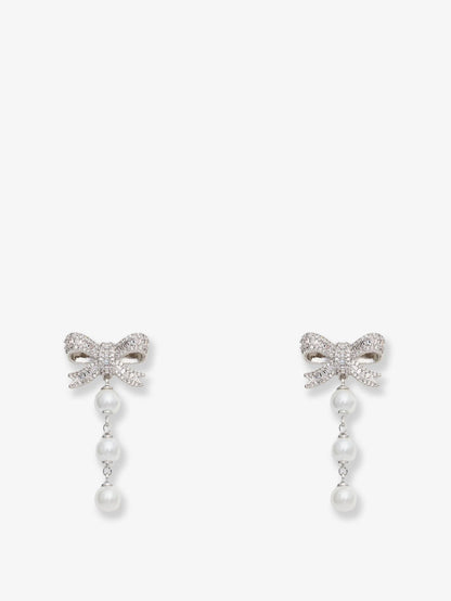 Self Portrait Crystal Bow Pearl Droplet Earrings - Silver