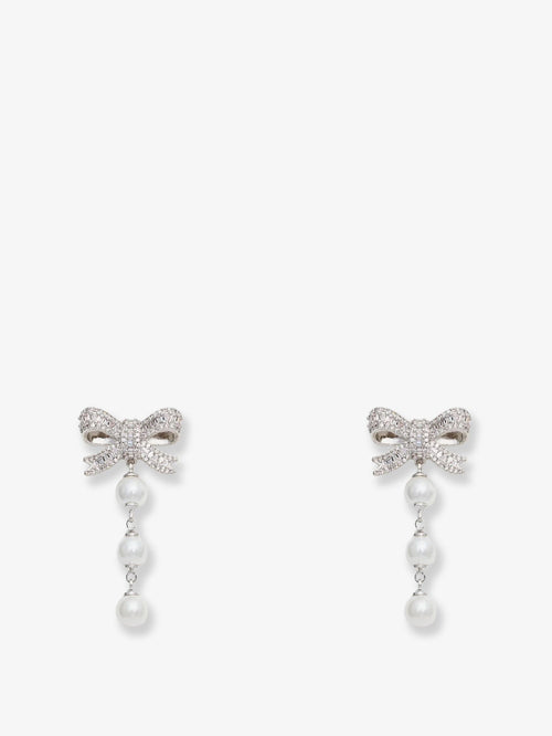 Self Portrait Crystal Bow Pearl Droplet Earrings - Silver