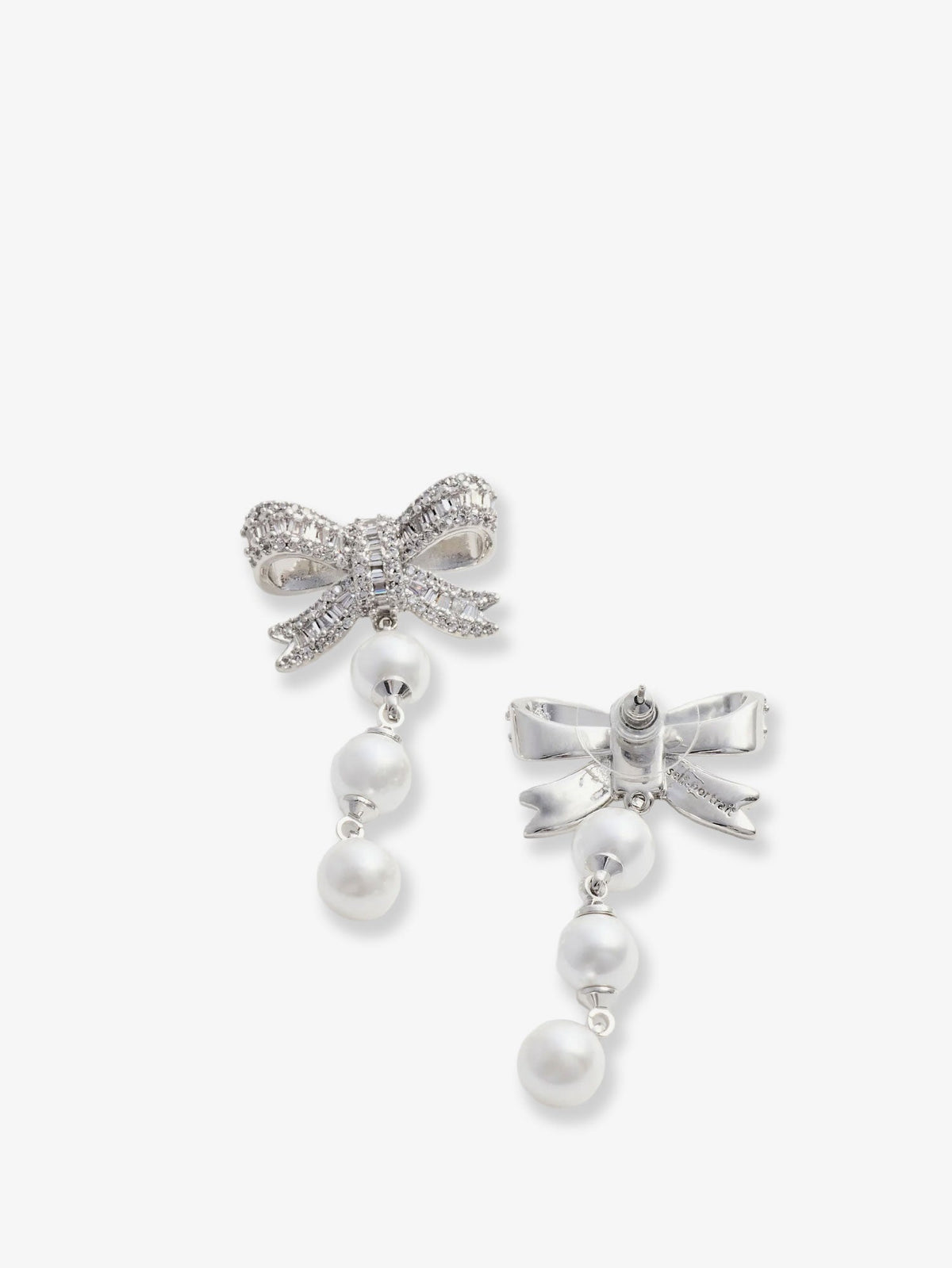 Self Portrait Crystal Bow Pearl Droplet Earrings - Silver