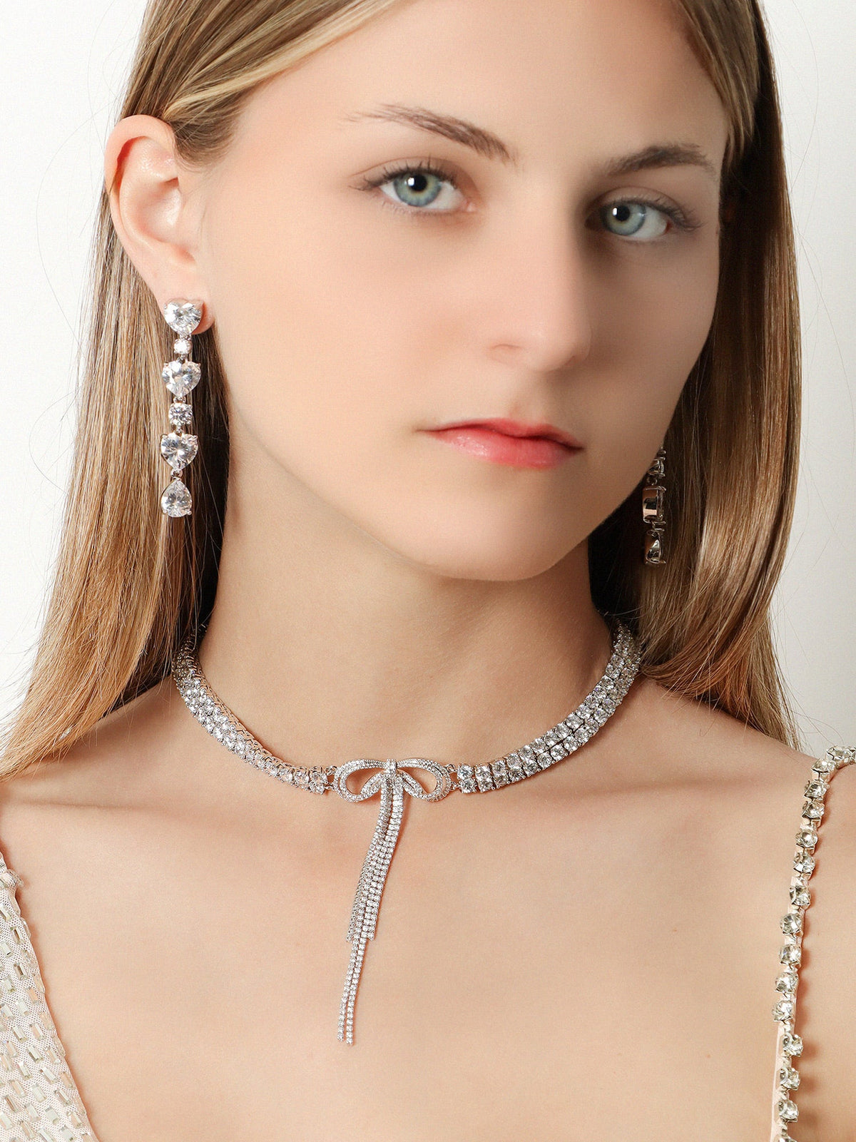 Self Portrait Double Crystal Bow Choker - Silver