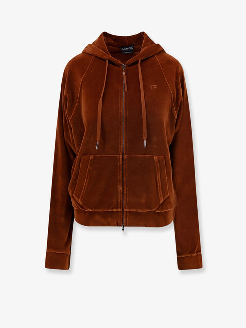 Tom Ford Velvet zip-up hoodie with tone-on-tone logo - Hazelnut