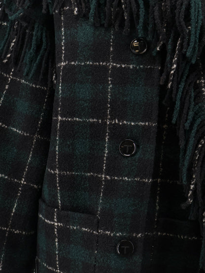 Toteme Fringed scarf madras wool coat - Pine/ Black
