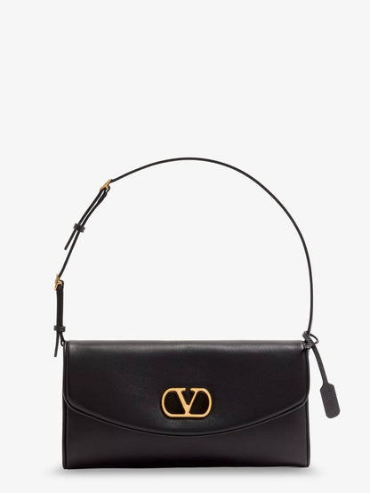 Valentino Garavani DeVain Leather Shoulder Bag with Metal VLogo Signature - Nero