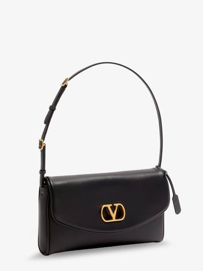 Valentino Garavani DeVain Leather Shoulder Bag with Metal VLogo Signature - Nero