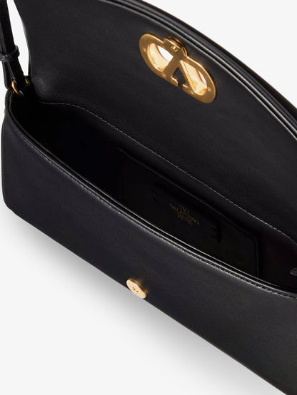 Valentino Garavani DeVain Leather Shoulder Bag with Metal VLogo Signature - Nero