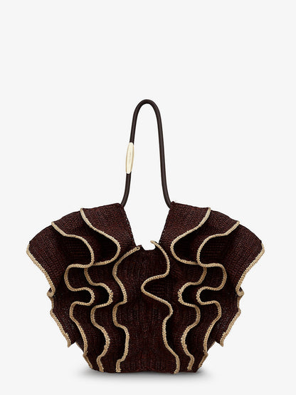 Zimmermann Goldentime raffia shoulder bag with ruffles - Chocolat
