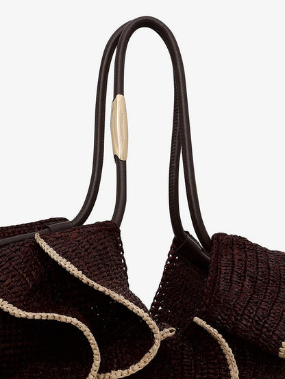 Zimmermann Goldentime raffia shoulder bag with ruffles - Chocolat
