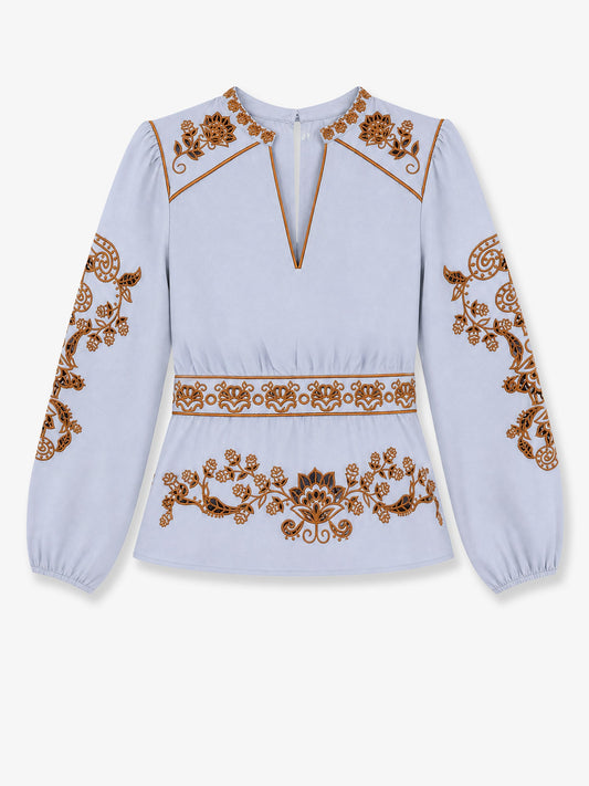 Farm Rio Cotton shirt with embroidery - Flowerrichilieulightblue
