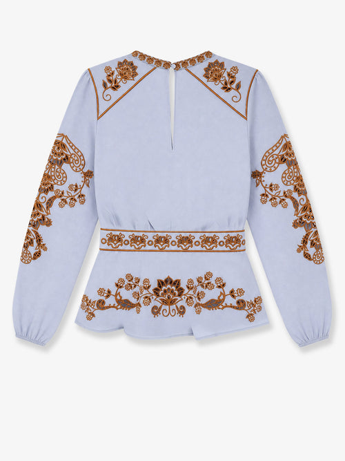 Farm Rio Cotton shirt with embroidery - Flowerrichilieulightblue