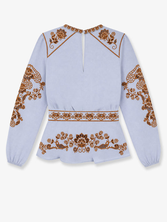 Farm Rio Cotton shirt with embroidery - Flowerrichilieulightblue