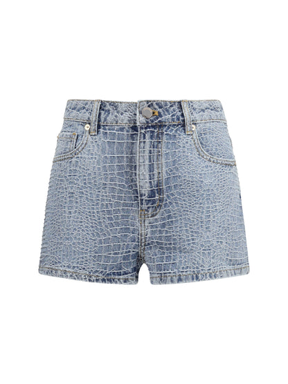 SELF-PORTRAIT Denim Shorts with croc effect and rhinestones