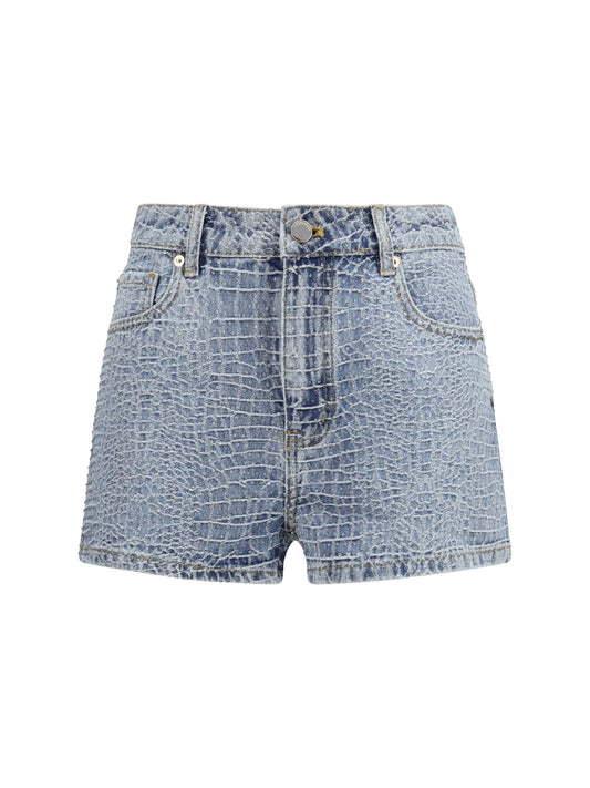 SELF-PORTRAIT Denim Shorts with croc effect and rhinestones