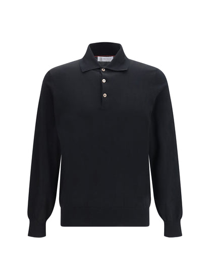 Brunello Cucinelli Long sleeve cotton Polo - Nero+Grigio Dark