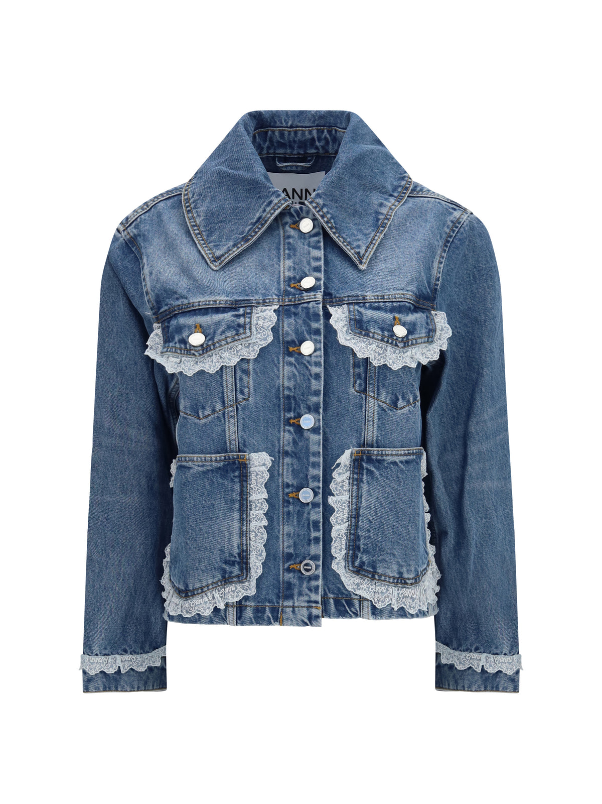 Ganni Rigid denim Jacket with lace details - Dark Blue Vintage