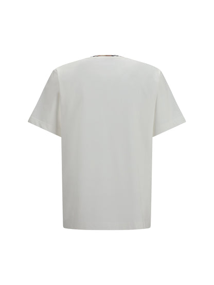 Burberry Cotton T-shirt with Check Trims - Chalk