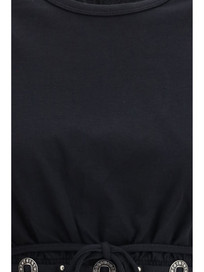 PINKO Cropped T-Shirt in pure cotton with lace-up detail and western accents