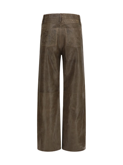 Golden Goose Melany leather Pants with embroidery - Mud Green